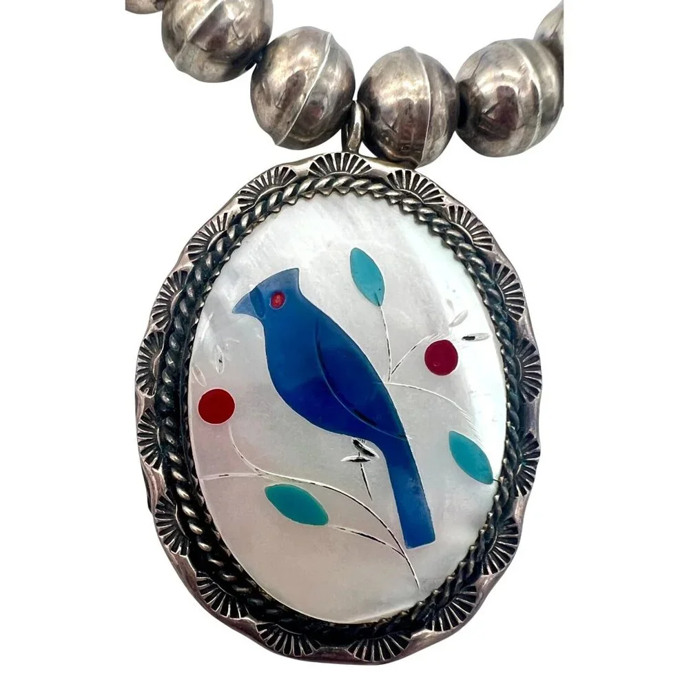 Vintage/Antique Native American Zuni Necklace Blue Bird Sterling Silver Bead - Picture 6 of 10